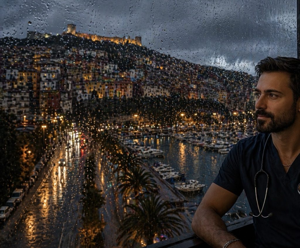 Βροχερή Καβάλα με υγρασία και αντανακλάσεις στους δρόμους, με γιατρό πνευμονολόγο σε πρώτο πλάνο – ατμοσφαιρική σκηνή σχετική με αναπνευστικά συμπτώματα