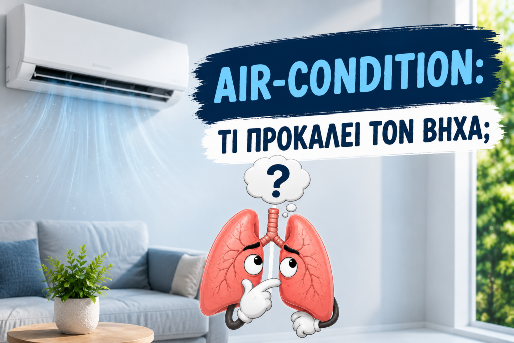 Air condition και βήχας. Ενημερωτική εικόνα με κλιματιστικό και εικονογράφηση πνευμόνων που θέτει το ερώτημα αν το air condition προκαλεί βήχα.