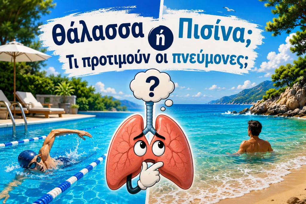 Εικονογράφηση που συγκρίνει θάλασσα και πισίνα με θέμα την επίδρασή τους στην υγεία των πνευμόνων.