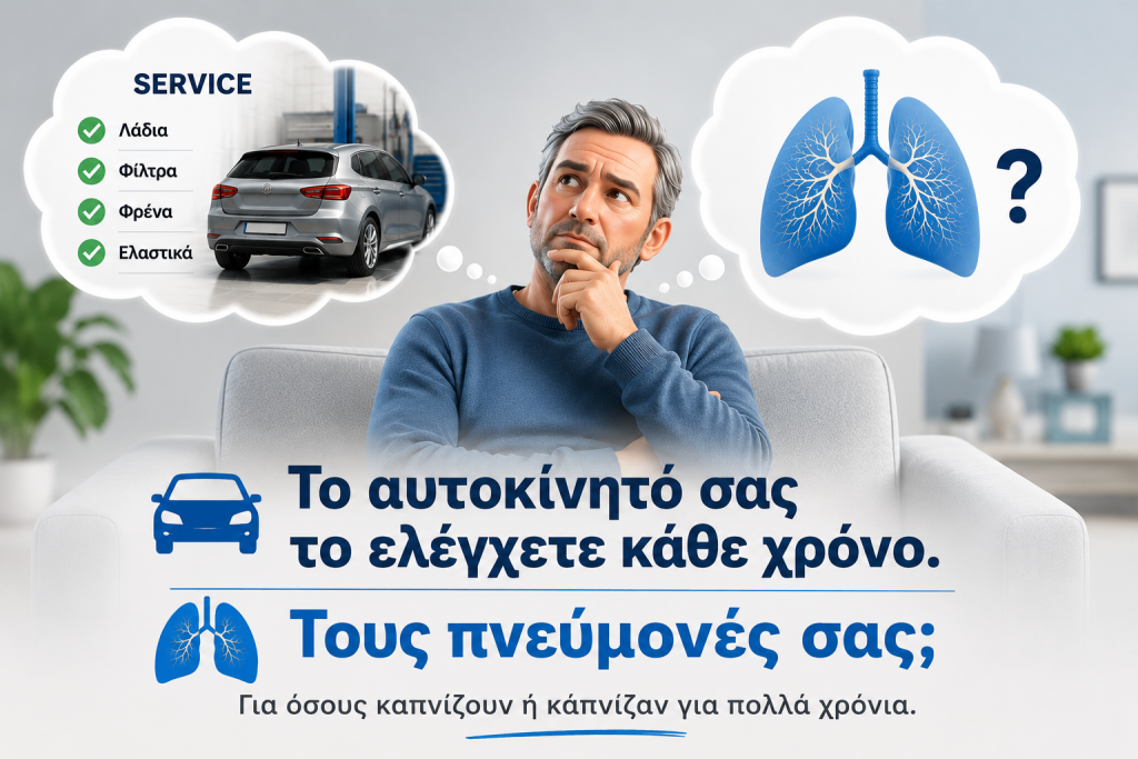 Άνδρας σκέφτεται το ετήσιο service του αυτοκινήτου του και τον προληπτικό έλεγχο των πνευμόνων με LDCT για καπνιστές.