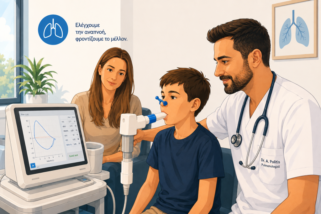 Παιδί κατά τη διάρκεια σπιρομέτρησης για έλεγχο άσθματος και αναπνευστικής λειτουργίας σε πνευμονολογικό ιατρείο